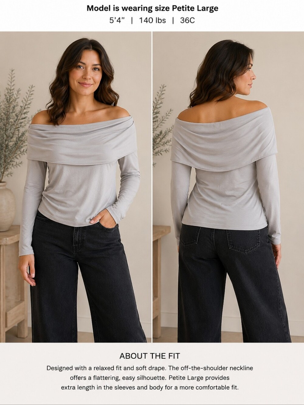 Worthington Off-the-Shoulder Light Gray Long Sleeve Top – NWT Petite Large